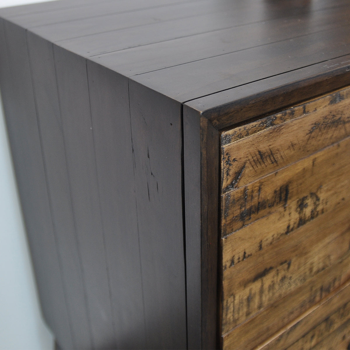  HASTINGS  2 DRAWERS RECYCLED TIMBER TALLBOY CHEST -  DARK / AGED ROUGH SEWN
