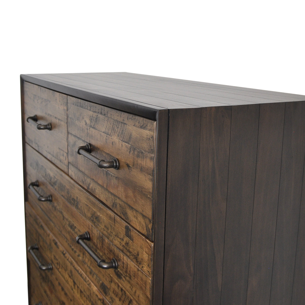 HASTINGS  6 DRAWERS RECYCLED TIMBER TALLBOY CHEST -  DARK / AGED ROUGH SEWN