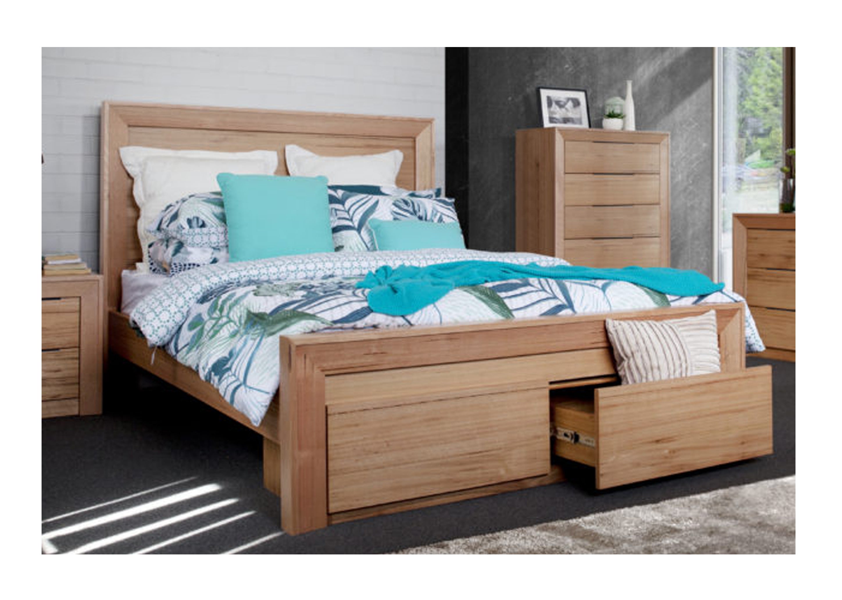 QUEEN LUCILLE BED WITH 2 UNDER BED STORAGE DRAWERS - MESSMATE CLEAR