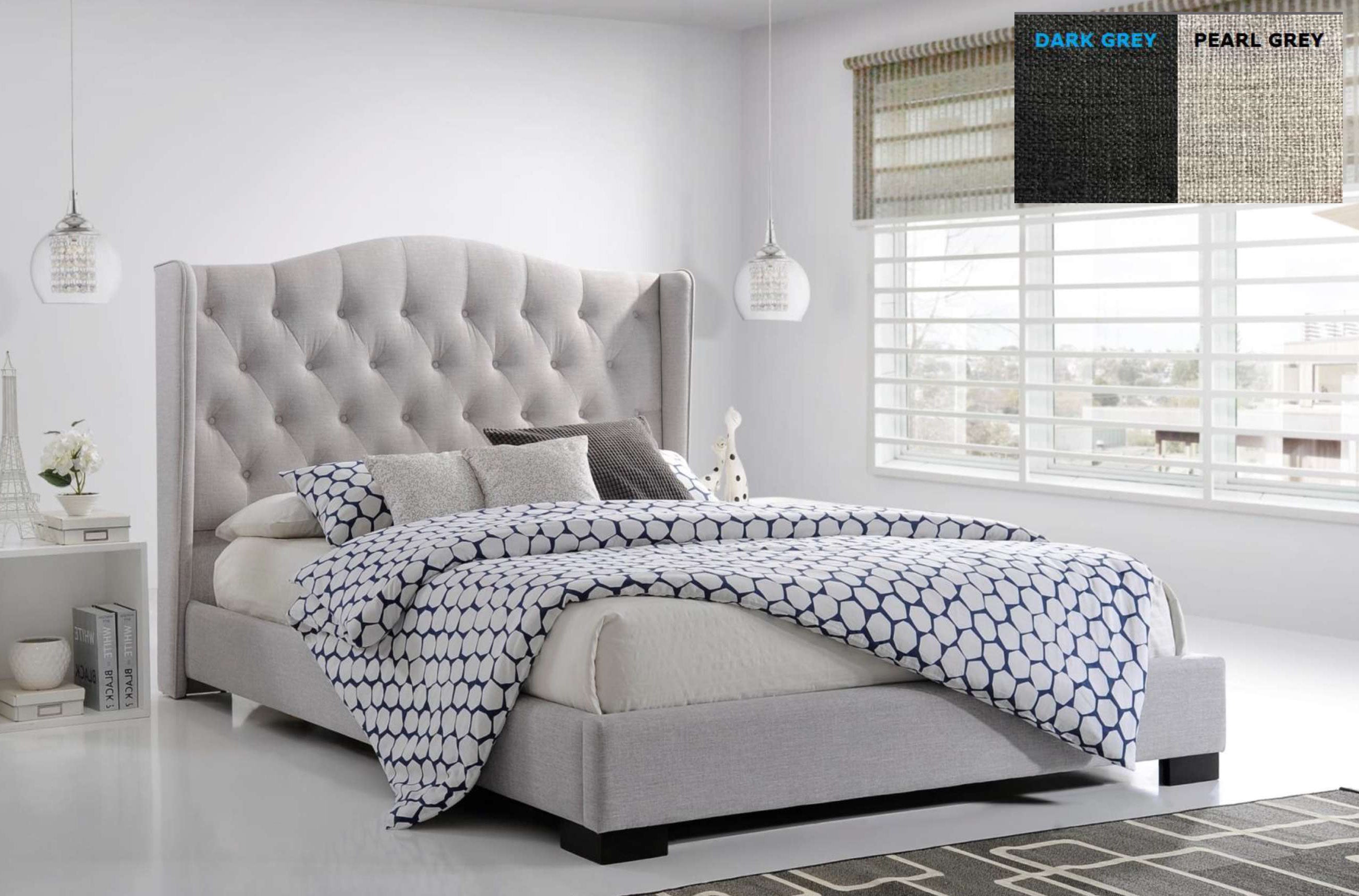 QUEEN SEAWIND WINGED BUTTONED LINEN FABRIC BED - (MODEL:13-5-13-16-8-9-19) - PEARL (LIGHT GREY) OR DARK GREY