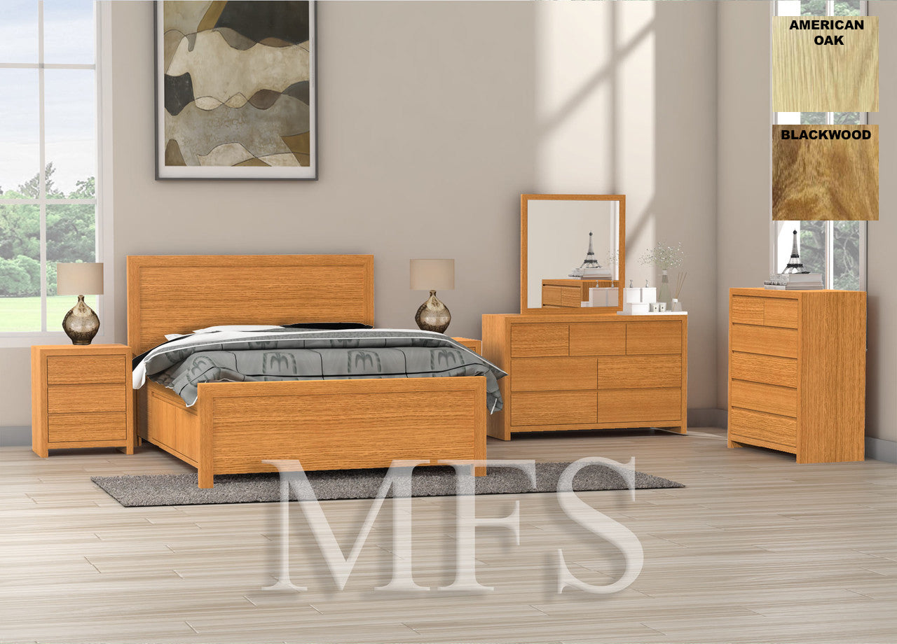 SINGLE OR KING SINGLE MORGAN (AUSSIE MADE) 3 PIECE (TALLBOY) BEDROOM SUITE WITH 4 UNDERBED STORAGE DRAWERS - BLACKWOOD OR AMERICAN OAK 