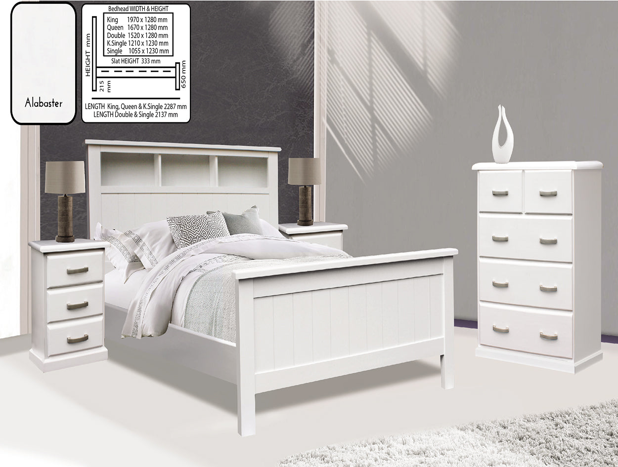KING SINGLE OCTARIAN (AUSSIE MADE) BED FRAME WITH BOOKCASE BEDHEAD - ASSORTED PAINTED COLOURS