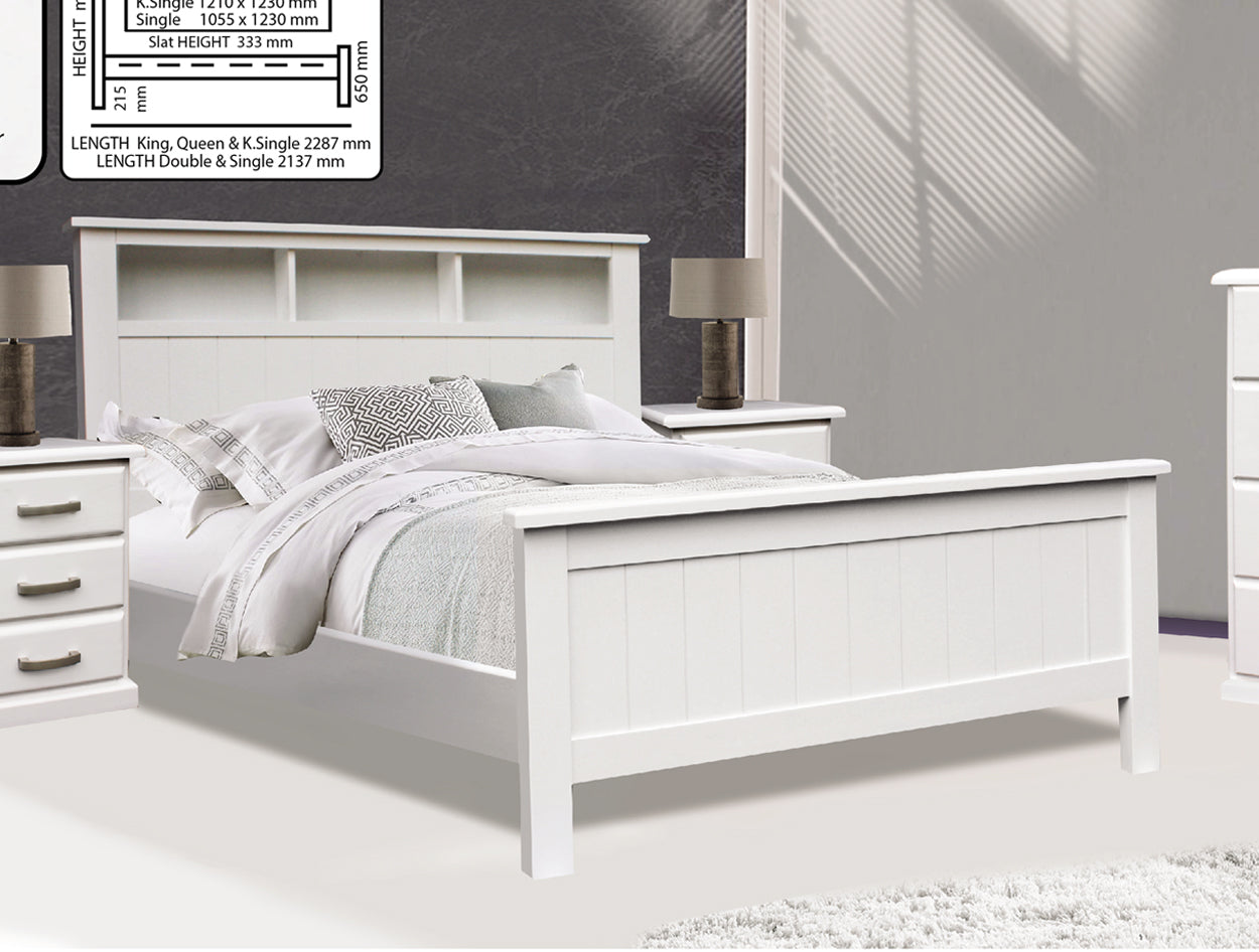 KING SINGLE OCTARIAN (AUSSIE MADE) BED FRAME WITH BOOKCASE BEDHEAD - ASSORTED PAINTED COLOURS