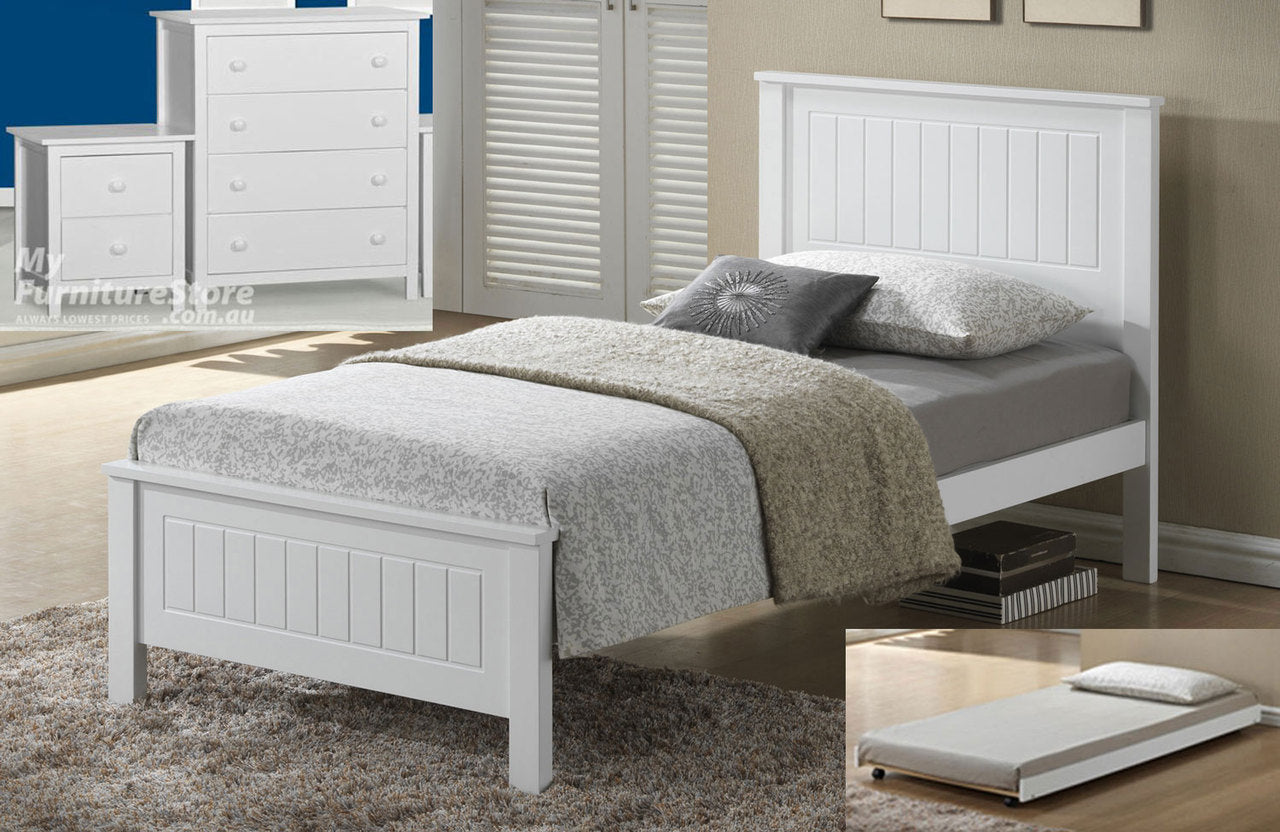 QUINCY SINGLE OR KING SINGLE 3 PIECE BEDROOM SUITE (WS-1301) INCLUDING SINGLE UNDER BED TRUNDLE - WITH KADO CASE GOODS - WHITE