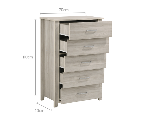 HILTON 5 DRAWER LAMINATED TALLBOY - 1100(H) x 700(W) -  WHITE WASHED