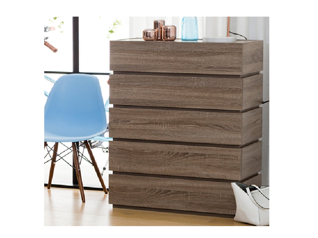 CUBIST 750(W) 5 DRAWER TALLBOY CHEST - 1150(H) X 750(W) -MOCHA