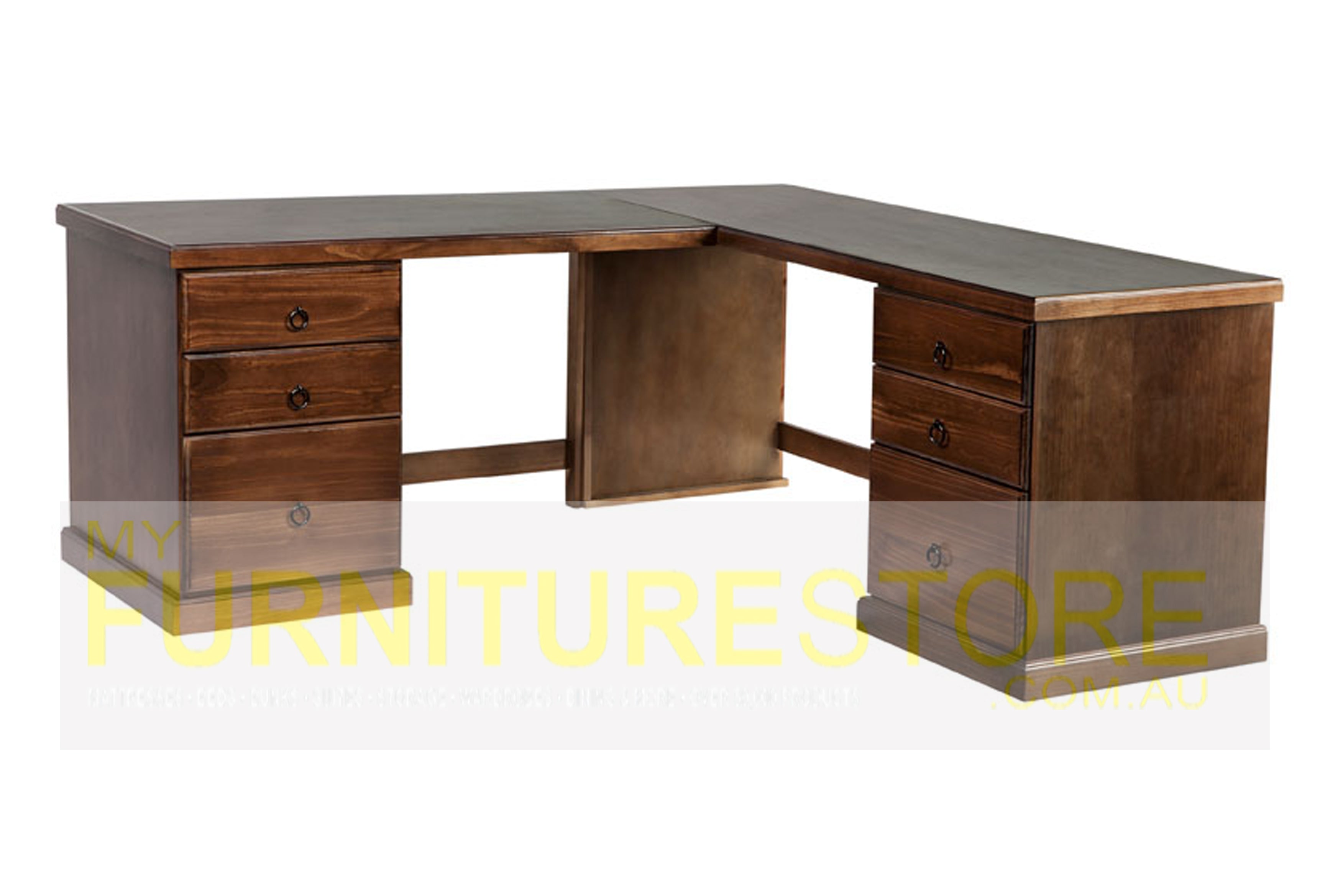 MUDGEE (D10) CORNER OFFICE TABLE + 6 DRAWERS (AUSSIE MADE) - 1800(W)/1600(W) x 600(D) -  ASSORTED STAINED COLOURS