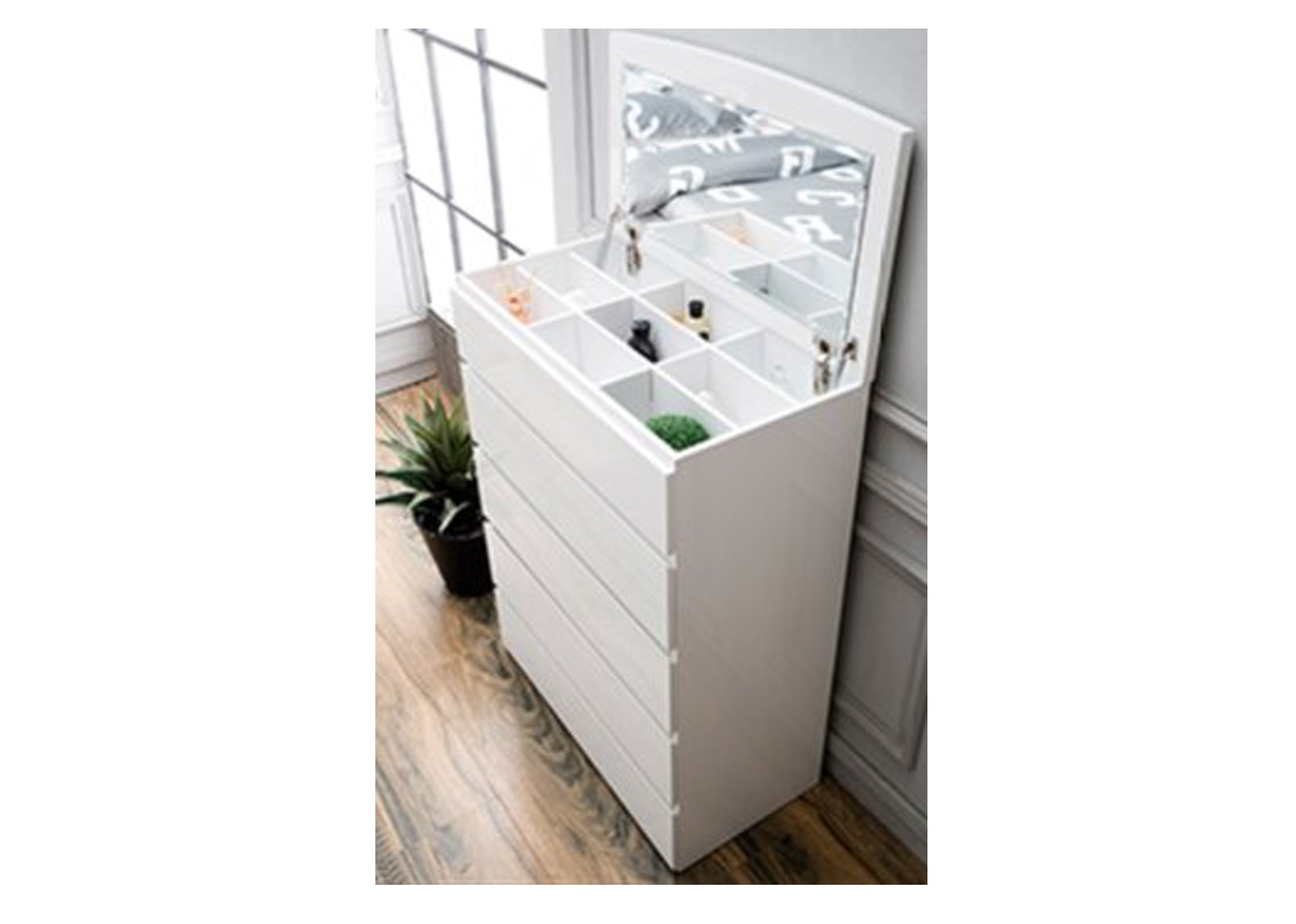 ROGAN 5 DRAWER TALLBOY CHEST WITH OPEN MIRROR - (LS 718 TB) - HIGH  GLOSS WHITE